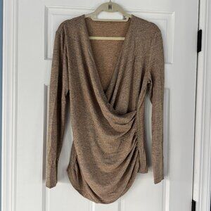 Emery Rose Ruched Wrap Front Top Size M Mocha Long Sleeve Draped Pleated Blouse